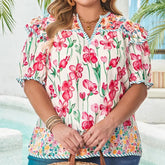 Plus Size Floral Print Striped Trim V Neck Blouse - kinko