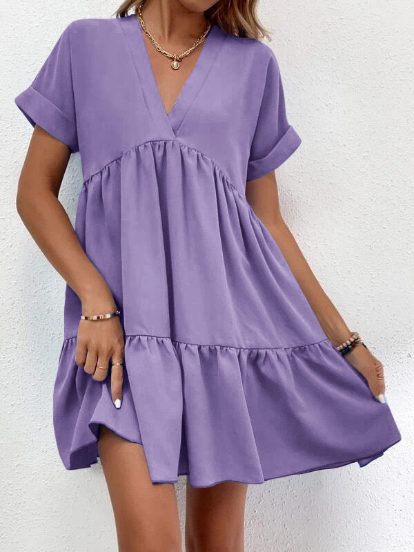 New Short-sleeved V-neck Dress Summer Casual Sweet Ruffled Dresses Solid Color Holiday Beach Dress For Womens Clothing - kinko