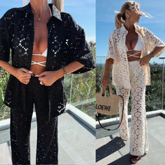 Polo Collar Hollow Lace Short Sleeve Top And Trousers Suit - kinko