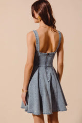 SO ME Mineral Washed Bow Ribbon Denim Flare Dress - kinko