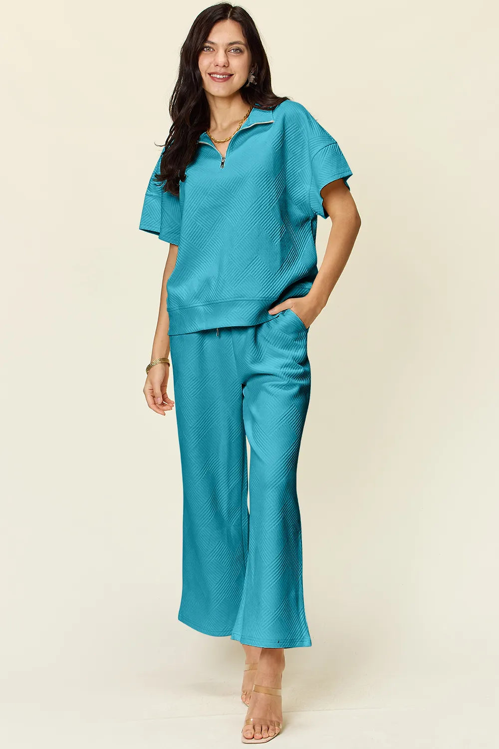 Double Take Full Size Texture Half Zip Short Sleeve Top and Pants Set - kinko