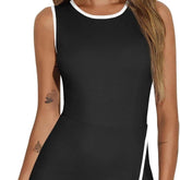 Round Neck Contrasting Color Side Slit A-line Tennis Skirt - kinko