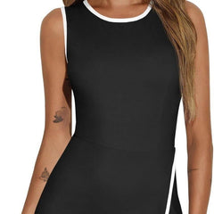 Round Neck Contrasting Color Side Slit A-line Tennis Skirt - kinko