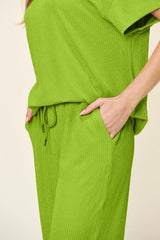 Double Take Full Size Texture Round Neck Short Sleeve T-Shirt and Wide Leg Pants - kinko