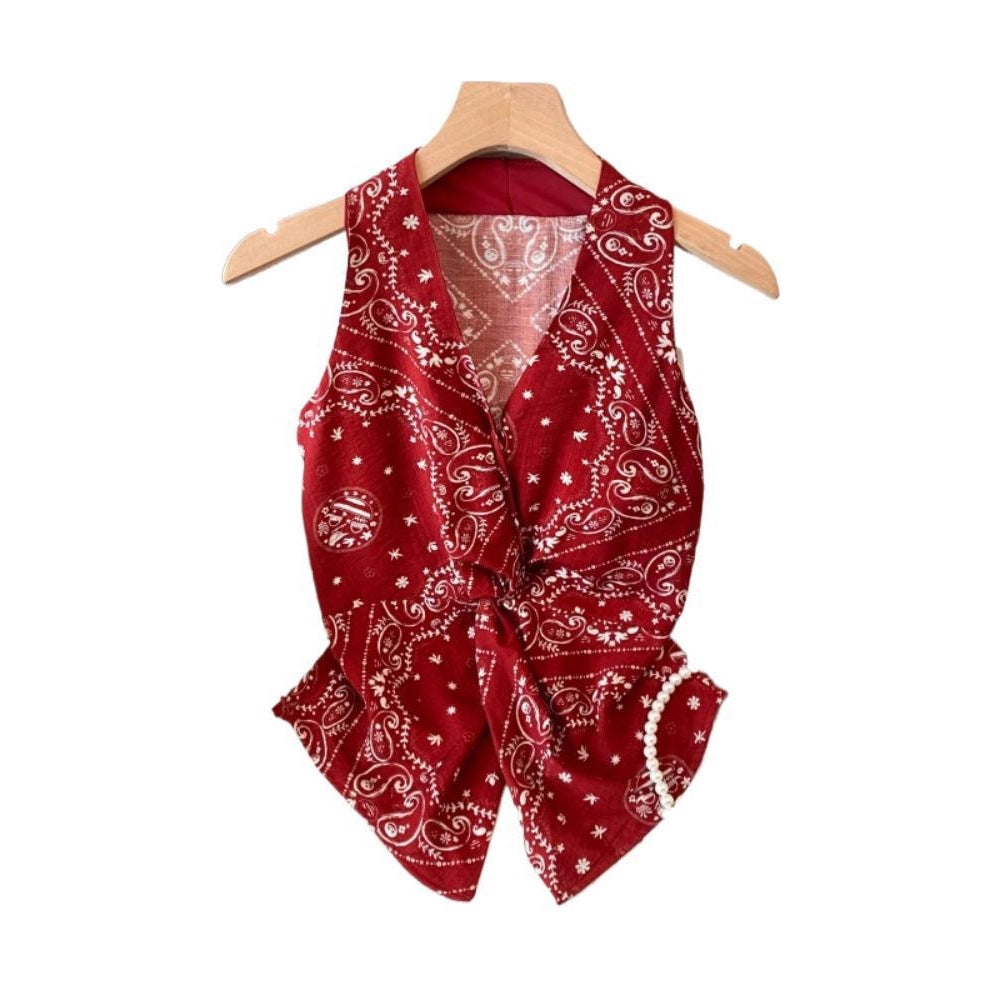 Red Sleeveless Floral Twist Sweet Spicy Waistcoat Top - kinko