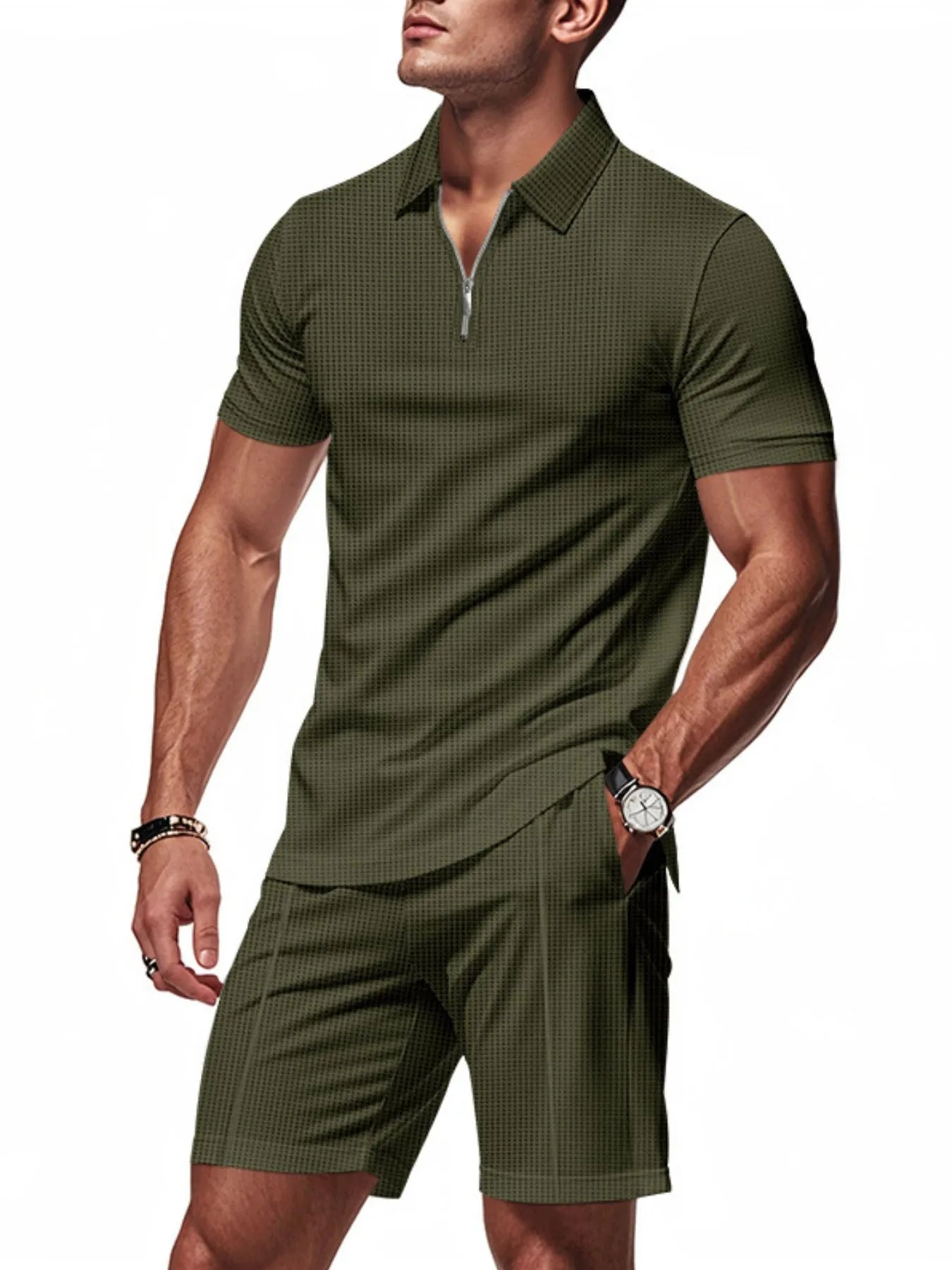 Men's Plus Size Quarter Zip Short Sleeve Top and Shorts Set - kinko