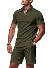 Men's Plus Size Quarter Zip Short Sleeve Top and Shorts Set - kinko