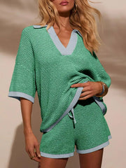 Collared Neck Contrast Striped Top and Shorts Sweater Set - kinko