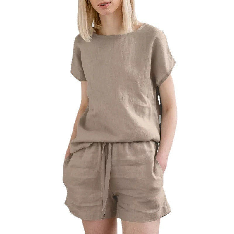 Short Sleeve Cotton Linen Retro Fashion Solid Color Top Shorts Suit - kinko