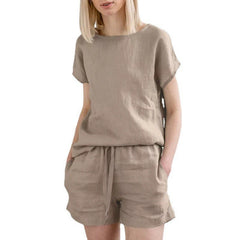 Short Sleeve Cotton Linen Retro Fashion Solid Color Top Shorts Suit - kinko