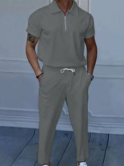 Men's Full Size Quarter Zip Short Sleeve Polo and Pants Set Plus Size - kinko