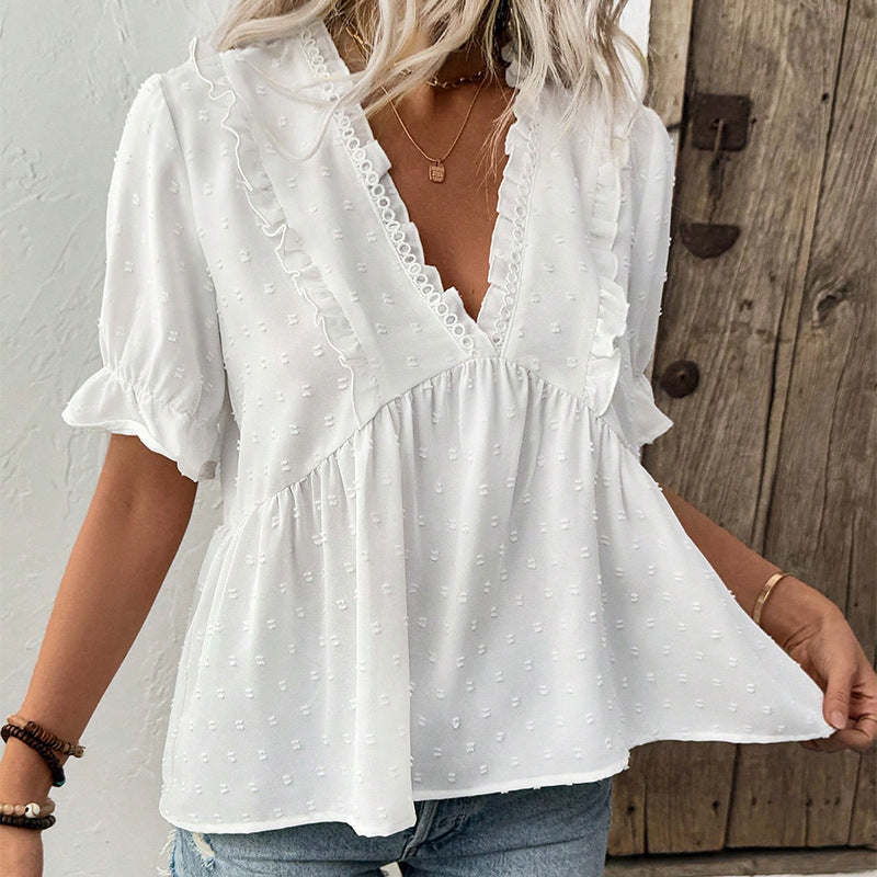 Women's Cut Flower Fur Ball Short-sleeved Lace Shirt - kinko