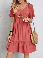 V-neck Short Sleeve Dress Summer Fashion Casual Loose Ruffled Dresses Beach Clothing Women - kinko