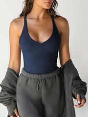 Ribbed V-Neck Halter Tank Top - kinko