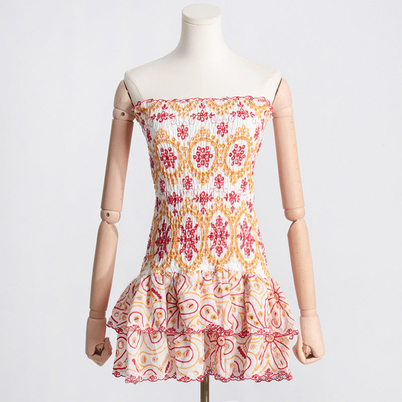 Y2K Tube Top Pleated Dress Ins Fashion Print A-line Short Dresses For Beach Party Clothing Women - kinko