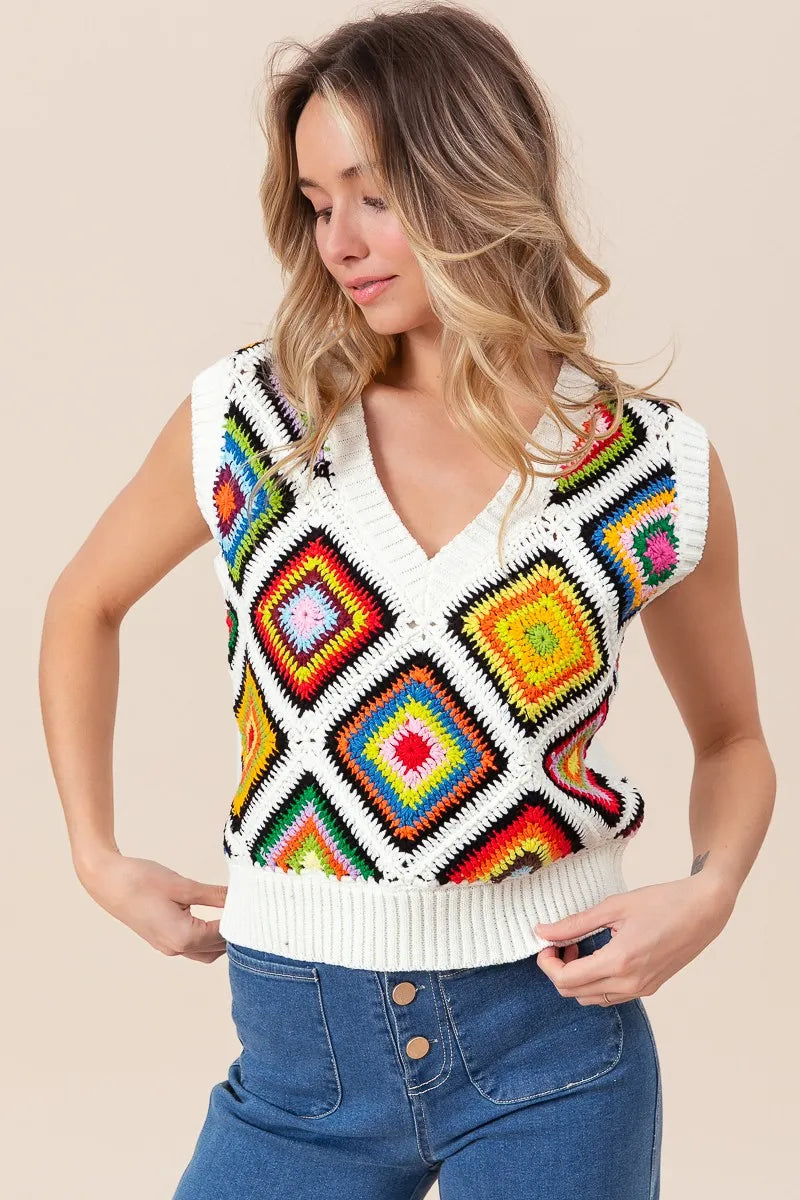 BiBi Diamond Granny Square Sweater Vest - kinko