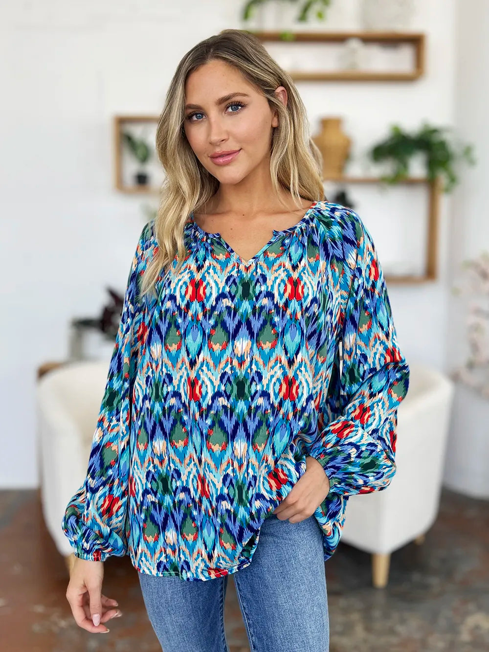 Double Take Full Size Printed Balloon Sleeve Blouse - kinko