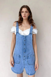 Button Front Denim Overall Shorts with Front Pockets - kinko