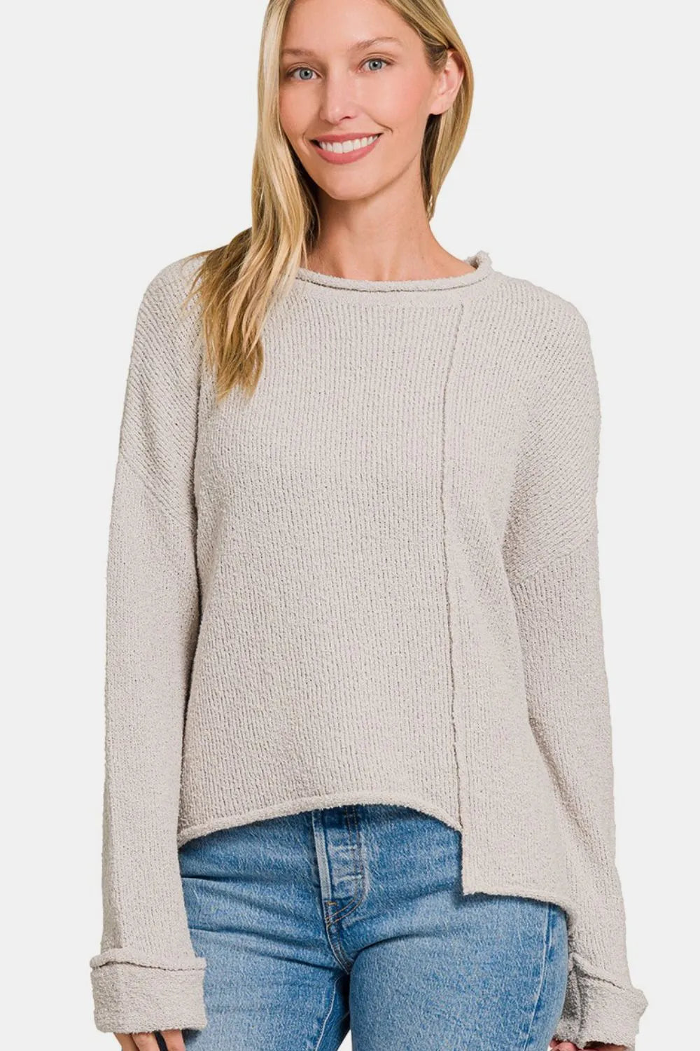 Zenana Asymmetric Hem Drop Shoulder Sweater - kinko