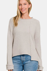 Zenana Asymmetric Hem Drop Shoulder Sweater - kinko