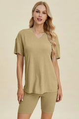 Basic Bae Full Size Ribbed V-Neck Short Sleeve Top and Shorts Set - kinko
