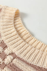 Khaki Stripe Checkerboard Drop Shoulder Balloon Sleeve Sweater - kinko
