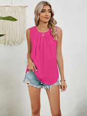 Round Neck Sleeveless Top with Pleated Front Detail - kinko