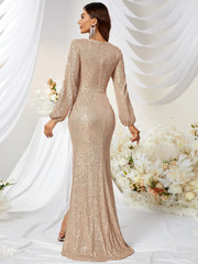 Sequined V-neck Long Sleeve High Slit Slim Fishtail Prom Evening Dress - kinko
