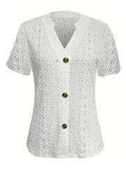 Openwork Notched Short Sleeve Top - kinko