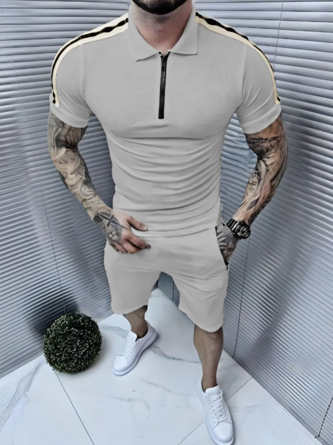 Men's Collared Neck Short Sleeve Top and Shorts Set - kinko