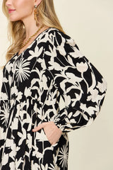Double Take Full Size Printed Ruffle Hem Dress with Pocket - kinko
