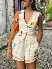 Embroidered V-Neck Vest and Shorts Set - kinko