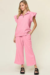 Double Take Texture Ruffle Short Sleeve Top and Drawstring Wide Leg Pants Set - kinko