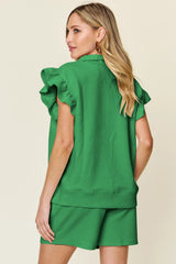 Double Take Full Size Texture Flounce Sleeve Top and Drawstring Shorts Set - kinko