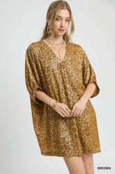 Umgee Metallic Leopard Print V-Neck Kimono Dress - kinko