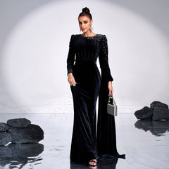 Velvet Round Neck Long Sleeve Rhinestone Evening Dress - kinko