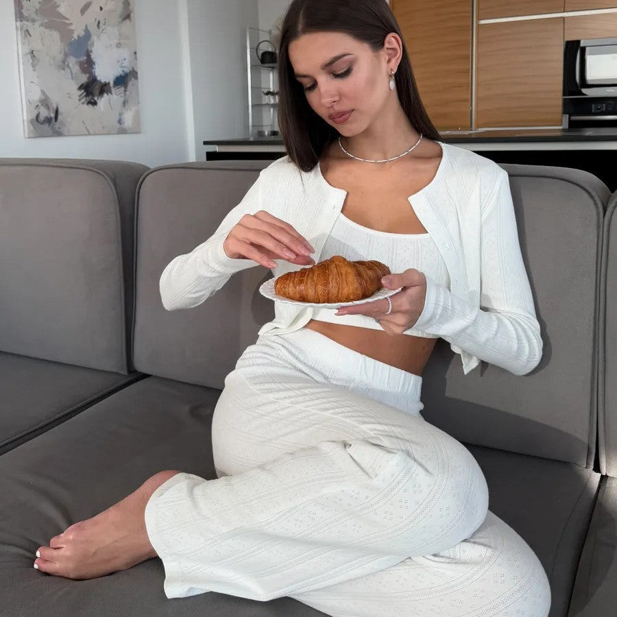 Cropped Knitted Cotton Jacquard Long-sleeved Trousers Cardigan Three-piece Set - kinko