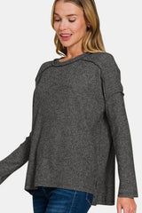 Zenana Full Size Exposed Seam Brushed Round Neck Sweater - kinko