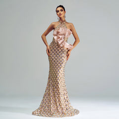 Halter Sequined Mermaid Evening Dress - kinko