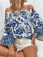 Smocked Printed Off-Shoulder Blouse - kinko