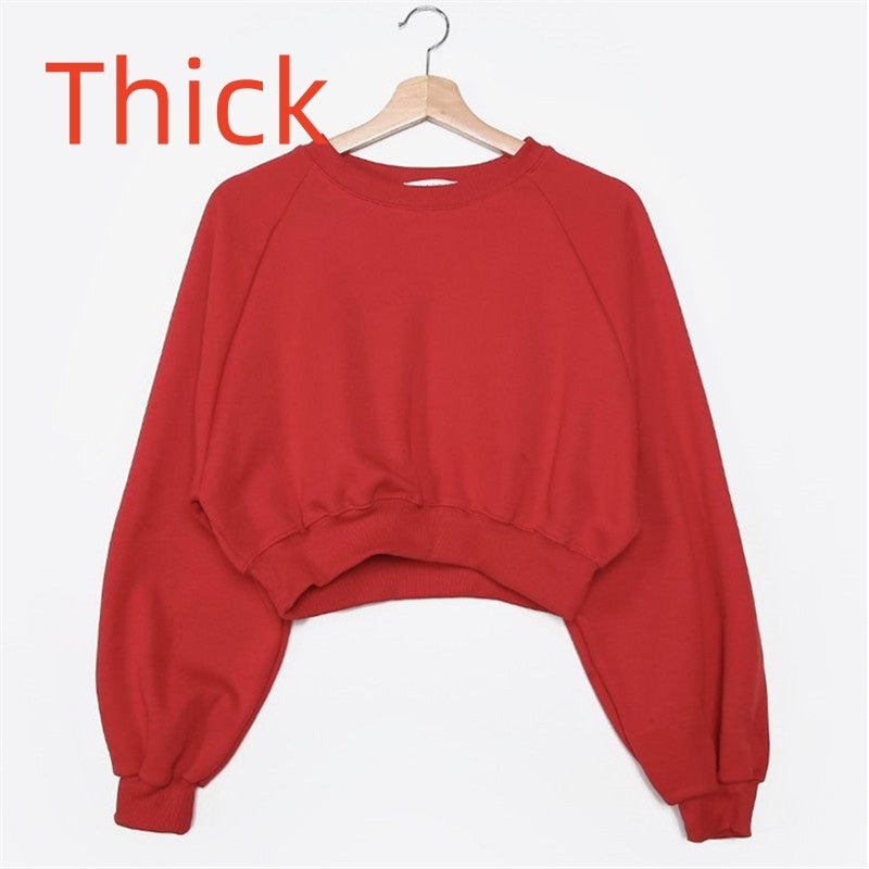Round Neck Waist Trimming High Waist Short Sweatshirt - kinko