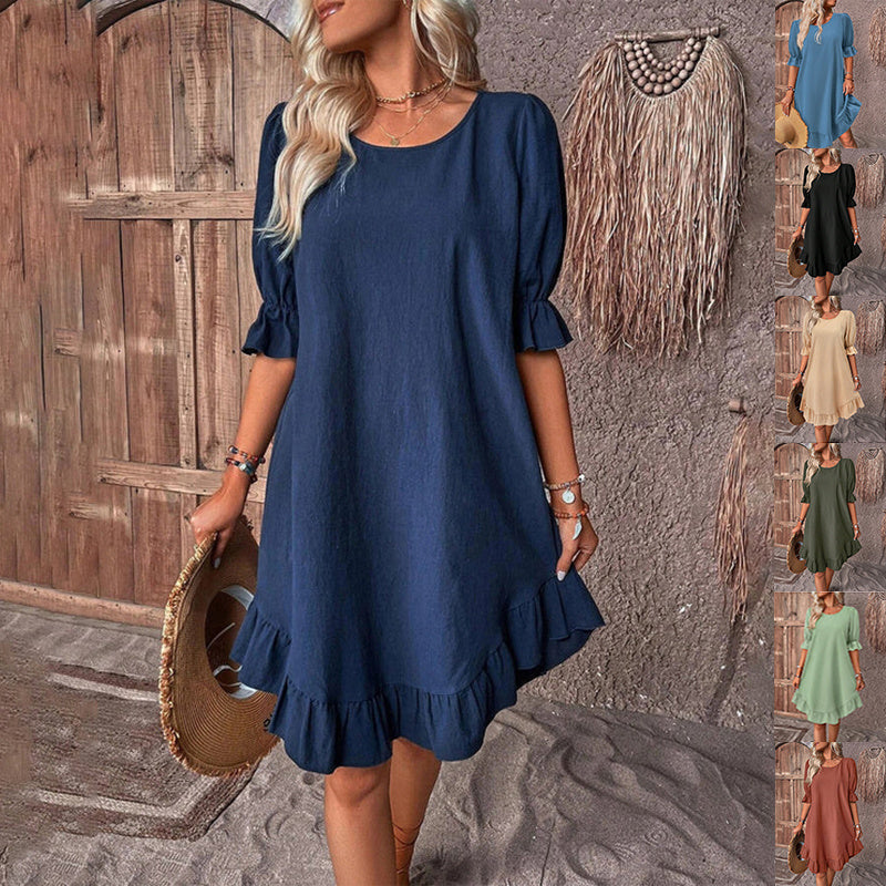 Fashion Ruffle Short-sleeved Dress Summer Solid Color Round Neck Loose Straight Dresses Womens Clothing - kinko