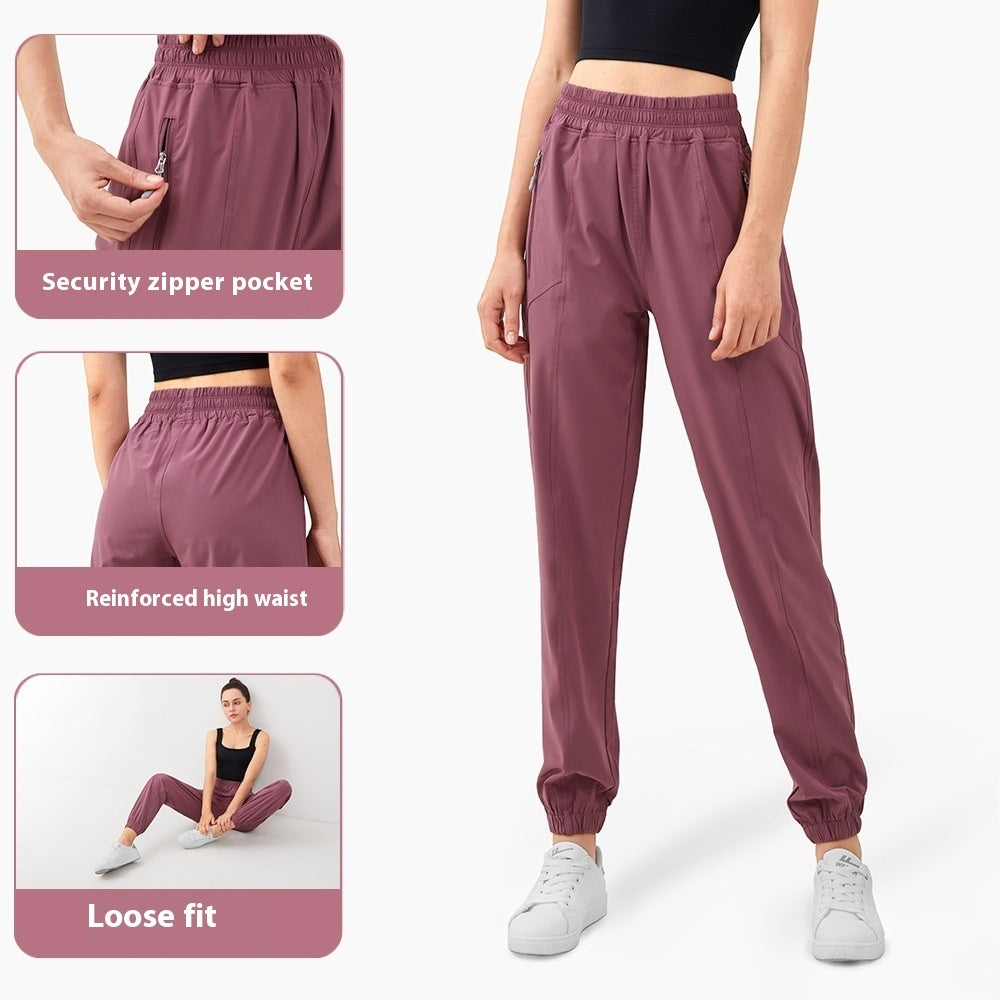 Zipper Pocket High Waist Running Pants Women's Peach Hip Fitness Trousers - kinko
