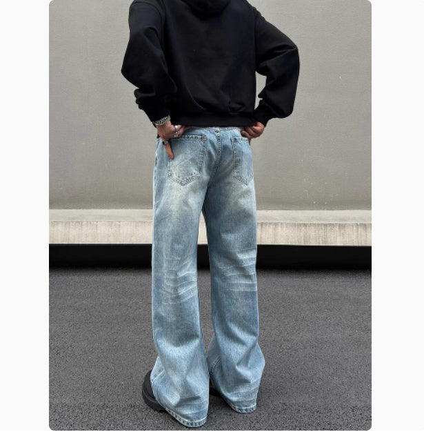 Men's Retro Whisker Washed Blue Straight Jeans - kinko