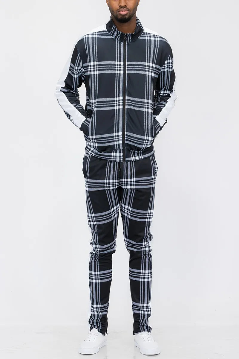 WEIV Men's Full Size Plaid Checkered Zip Up Track Jacket and Pants Set Plus Size - kinko
