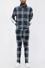 WEIV Men's Full Size Plaid Checkered Zip Up Track Jacket and Pants Set Plus Size - kinko