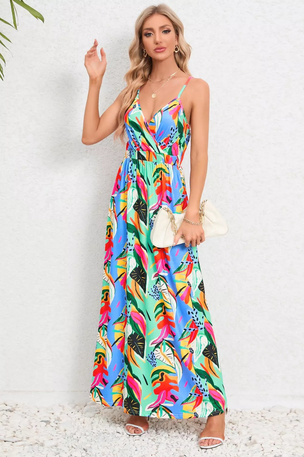 Printed Surplice Maxi Cami Dress - kinko