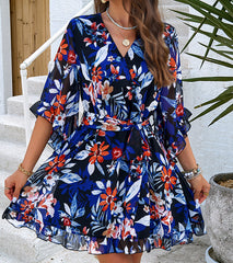 Summer Floral Print Short Sleeves Dress Lace Up Ruffles Design Fashion V-neck Short Dresses Womens Clothing - kinko