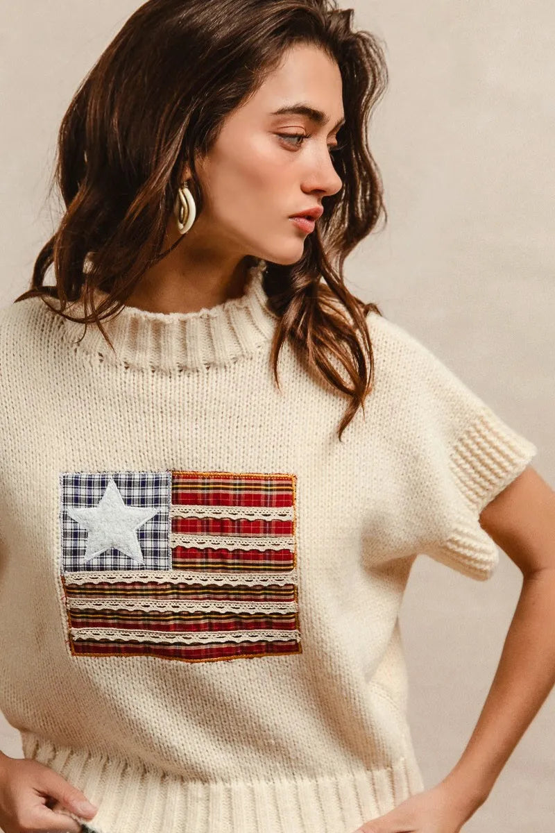 BiBi American Flag Patchwork Drop Shoulder Sweater - kinko