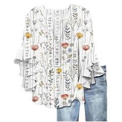 Printed Casual Trend V-neck Flounce Sleeve T-shirt - kinko